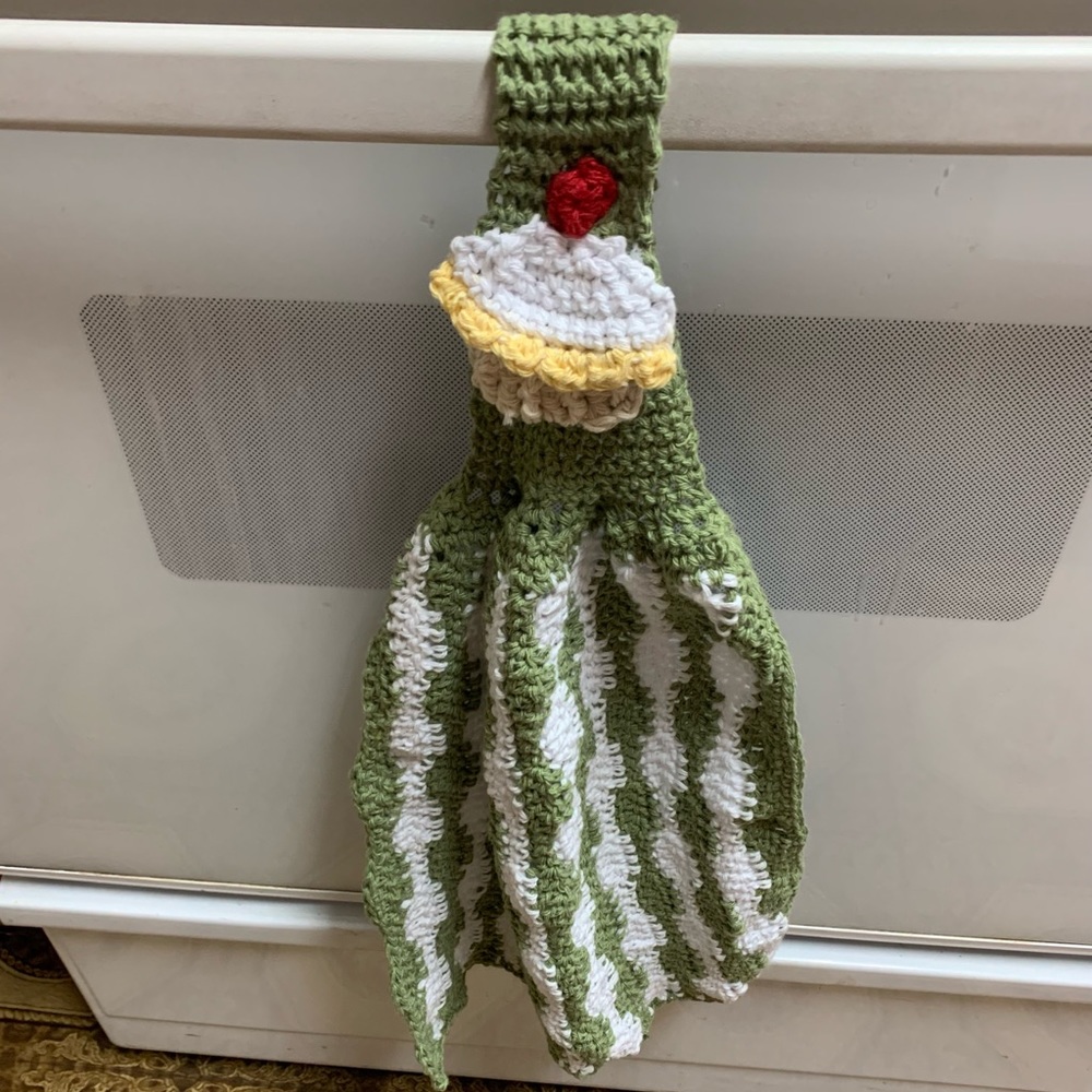 Cupcake Kitchen Towel Sage and White Wave Hanging New Handmade